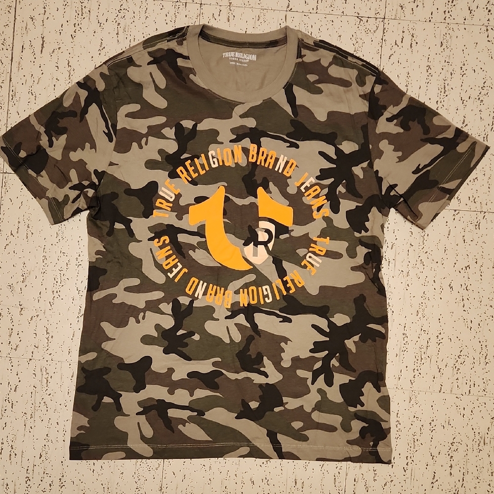 True Religion Green Full Camo Trademark Big Logo Multi Spellout T-Shirt